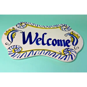 Handpainted Ceramic Hanging Welcome Sign Cobalt Blue & Yellow Clay Cottage Farm